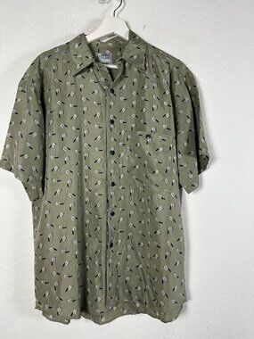 Silk Uomo Mens Abstract Print Short Sleeve Button Up Shirt Medium Sage Green